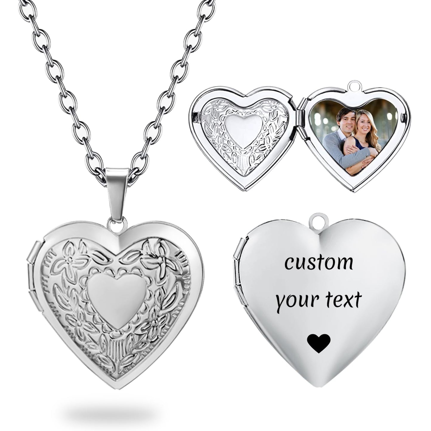 PHOCKSIN Silver Heart Locket Necklace Flower Engraved Personalized Love Heart Necklace that Holds Pictures Customized Gifts Locket Necklaces for Women