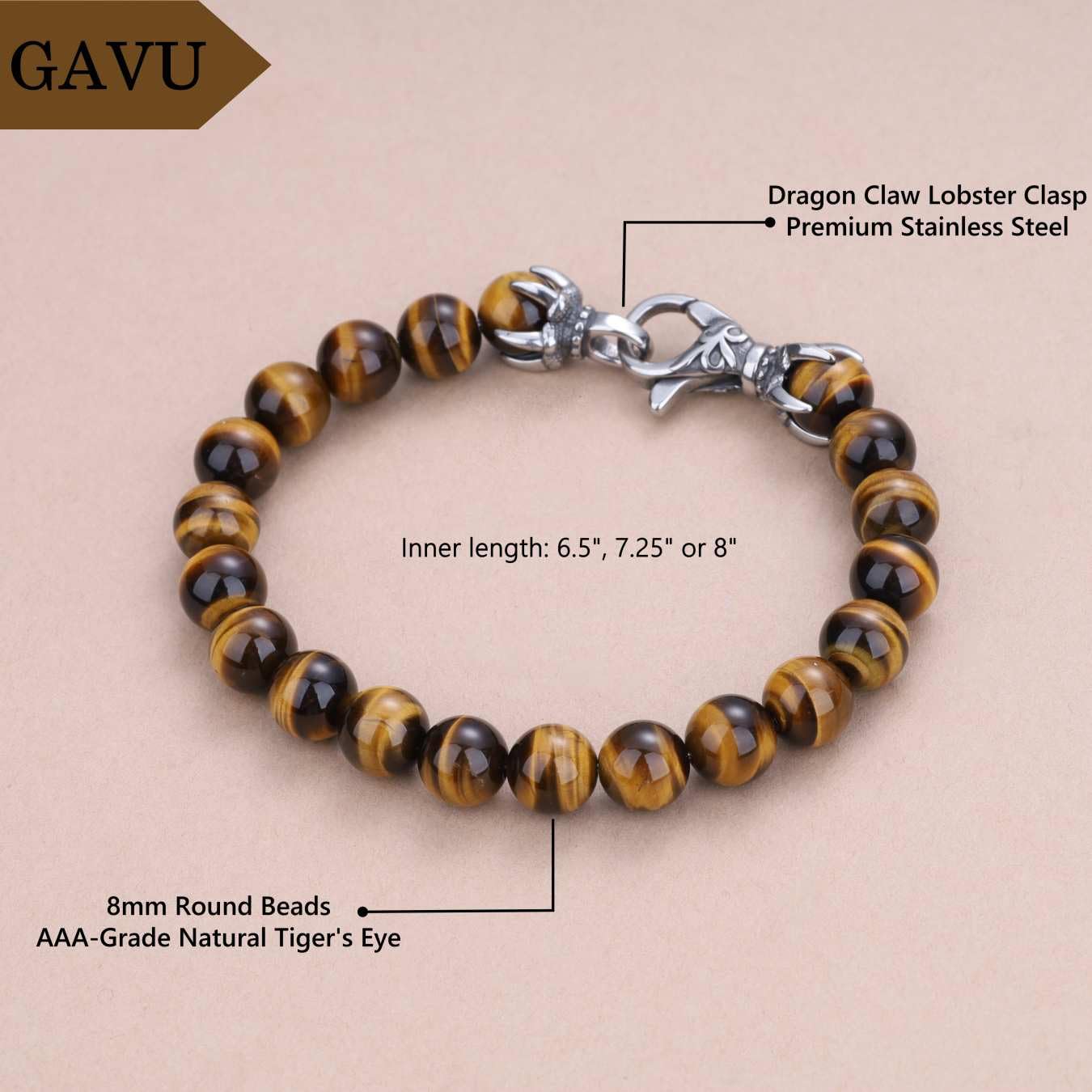 GAVU Men's Crystal Bracelet, 8mm Tiger Eye Bracelet for Men 8.9"