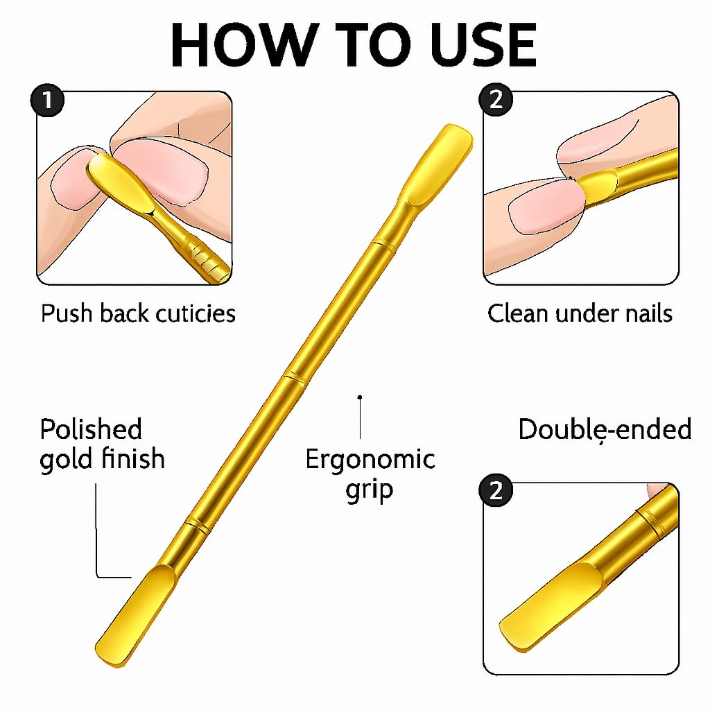 Professional Cuticle Tool, Double-Ended Paddle and Blade, Gold, 14 cm (Gold, Cuticle Pusher 13cm)