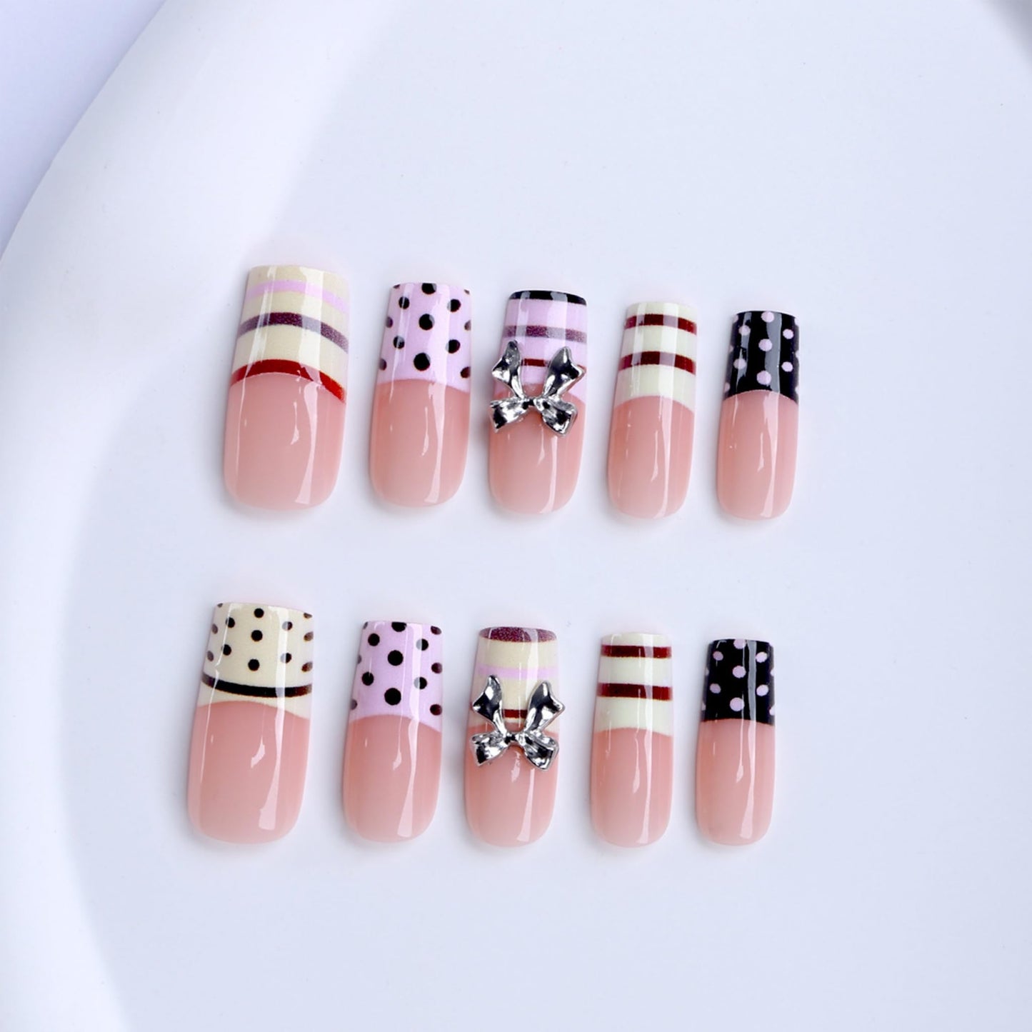 Long Press on Nails Square Fake Nails Pink Artificial Nail Brown Polka Dot Stripe Bow Charm Glossy Stick on Nail Sweet Retro Salon Look for Women 24pcs