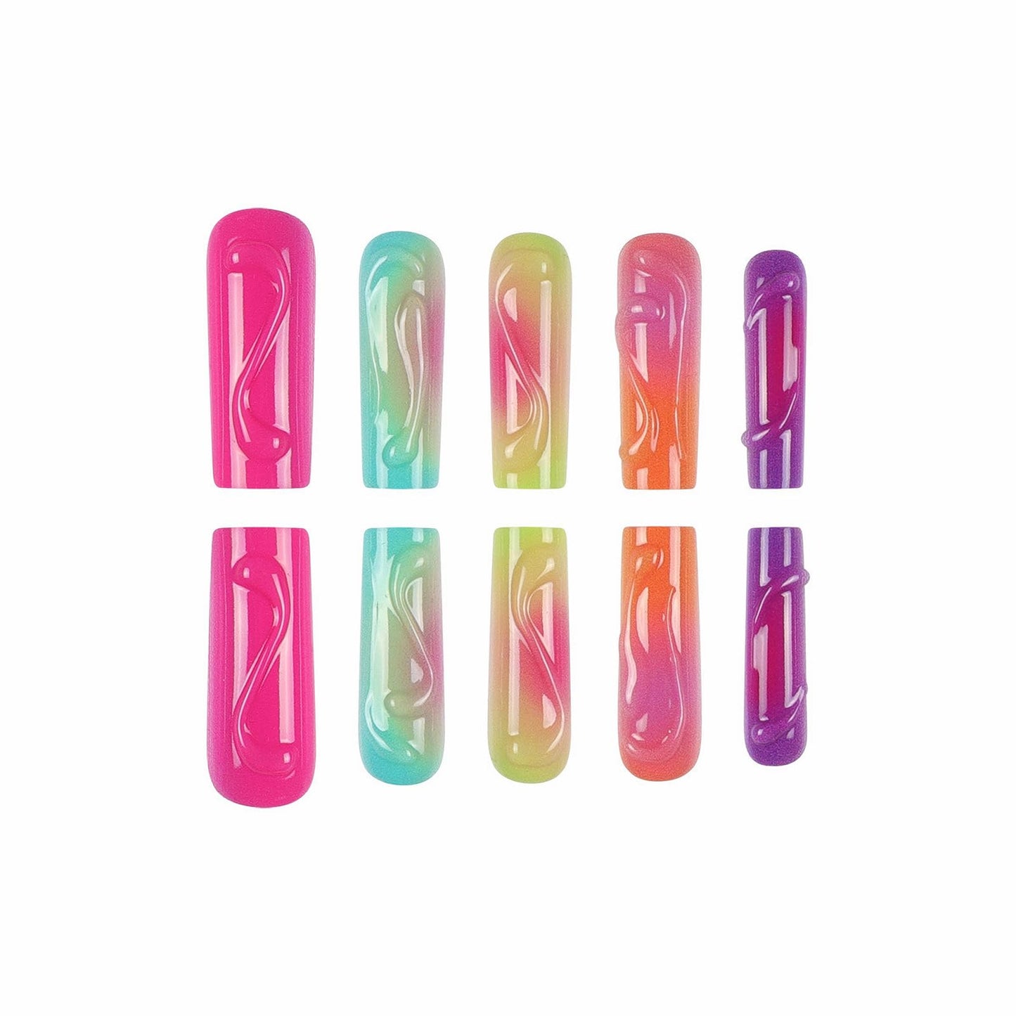 MISUD Press on Nails - Long Square Glue on Nails with Colorful, Acrylic Summer Rainbow Design 24 pcs