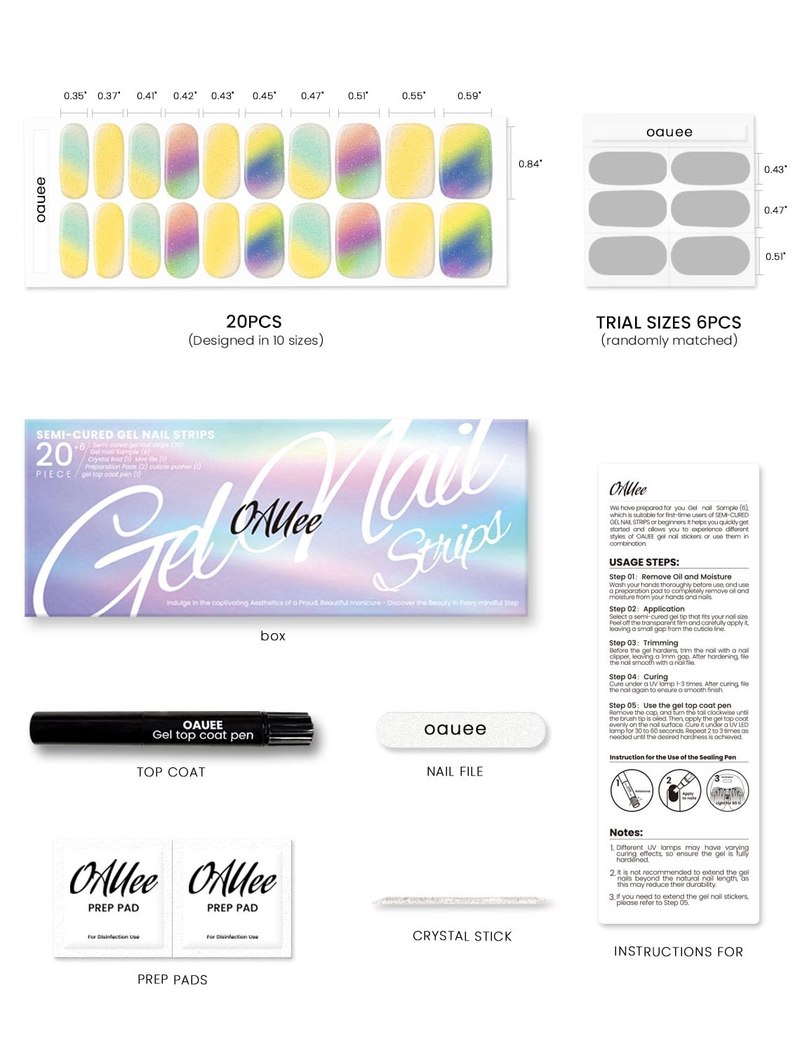 Oauee Semi Cured Gel Nail Strips | Built-In Gel Top Coat | UV Light Required | Salon Quality, Easy Application And Removal (Fine Glitter Color)