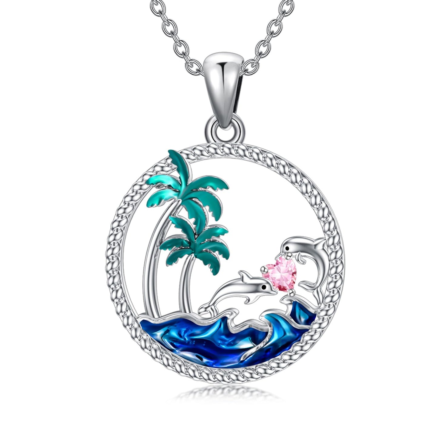 PROESS Dolphin Necklace Sterling Silver October Birthstone Necklace Palm Tree Beach Jewelry Ocean Animal Gifts for Women