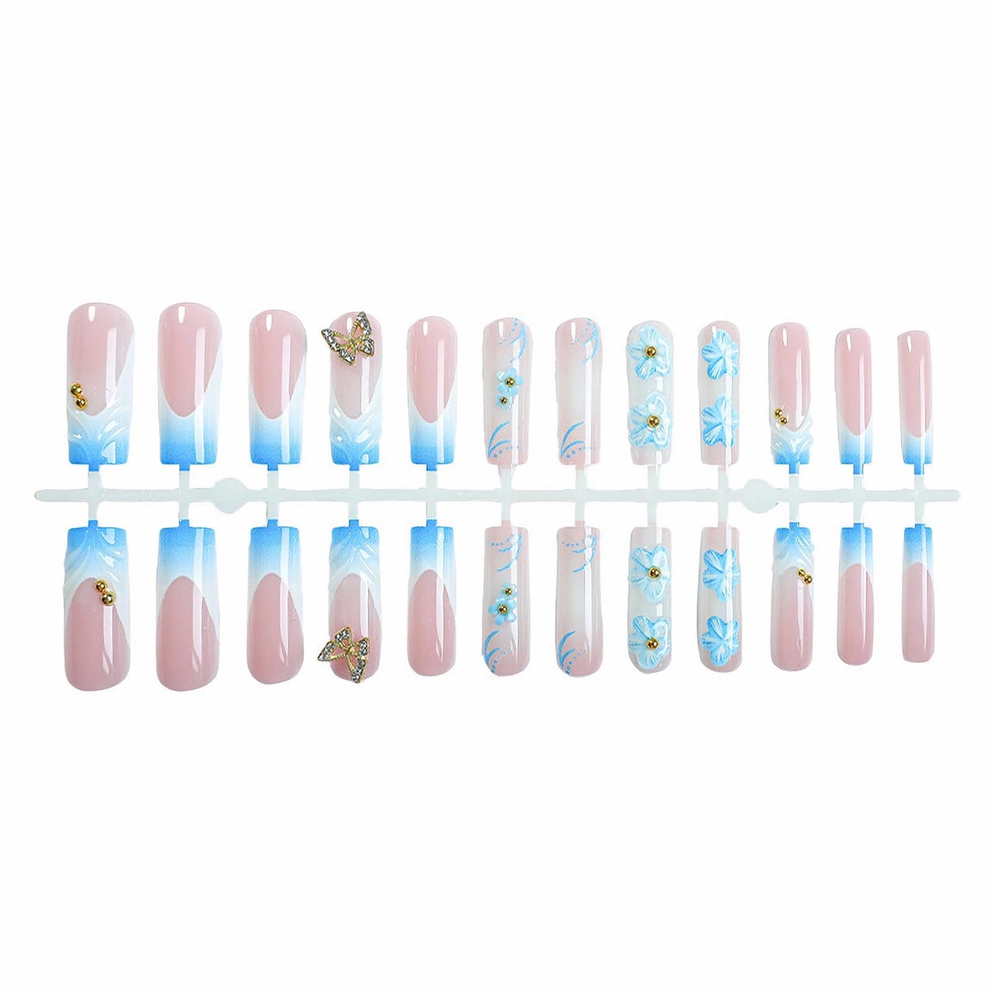 MISUD Press on Nails - Long Square Glue on Nails with Summer Blue, Acrylic Flower Butterfly Design 24 pcs