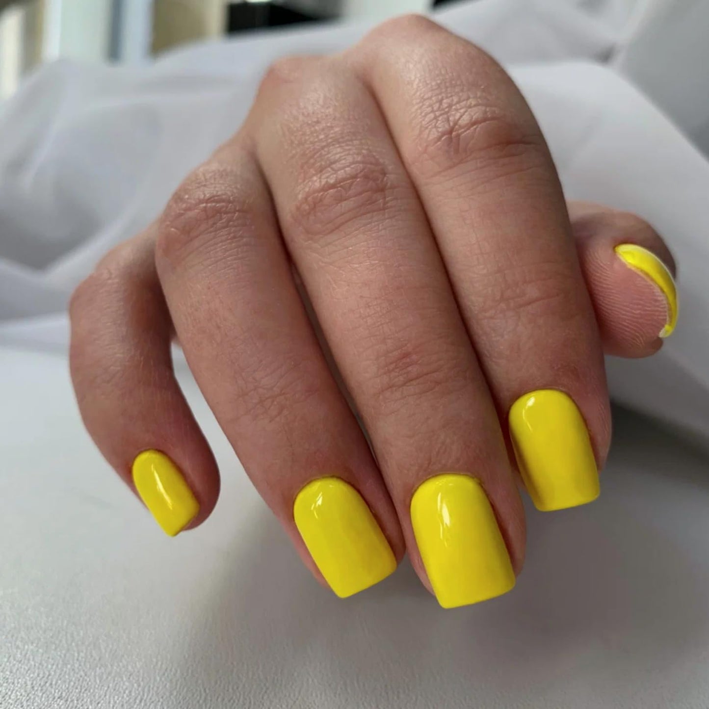 Yellow Press On Nails Short Square, KXAMELIE Natural Gel Nails Glue on Acrylic Nails Press ons Featured Protective Coat Thick Reusable Fake Nails Solid Color 24 Short Coffin Artificial Nails