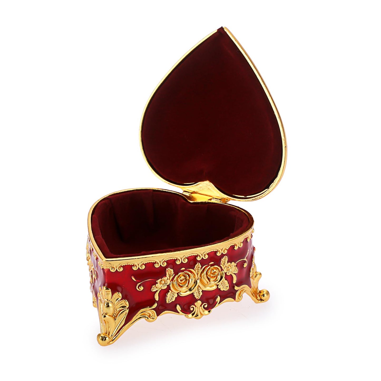 Hipiwe Heart Shape Jewelry Box Classic Metal Trinket Organizer Ring Storage Box with Rose Pattern Jewelry Storage Box for Ring Earrings Necklace, Gift for Women, Red