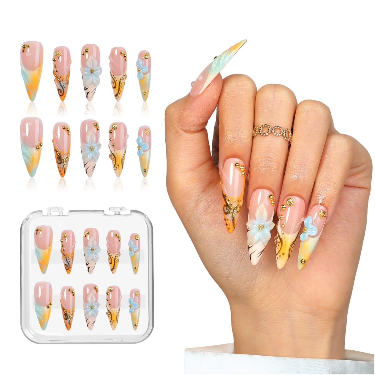 XGV Handmade Press on Nails Stiletto - Beach Vibes Summer French Tips 10Pcs Reusable Fake Nails Set for Women Manicure DIY Decoration Gift