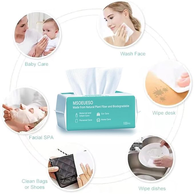 MSOEUESO Soft Dry Wipes Cotton Facial Tissues, 100 Count Disposable Face Towels, Cotton Face Towel for Sensitive Skin, Facial Cleansing, Makeup Removing, Surface Cleaning