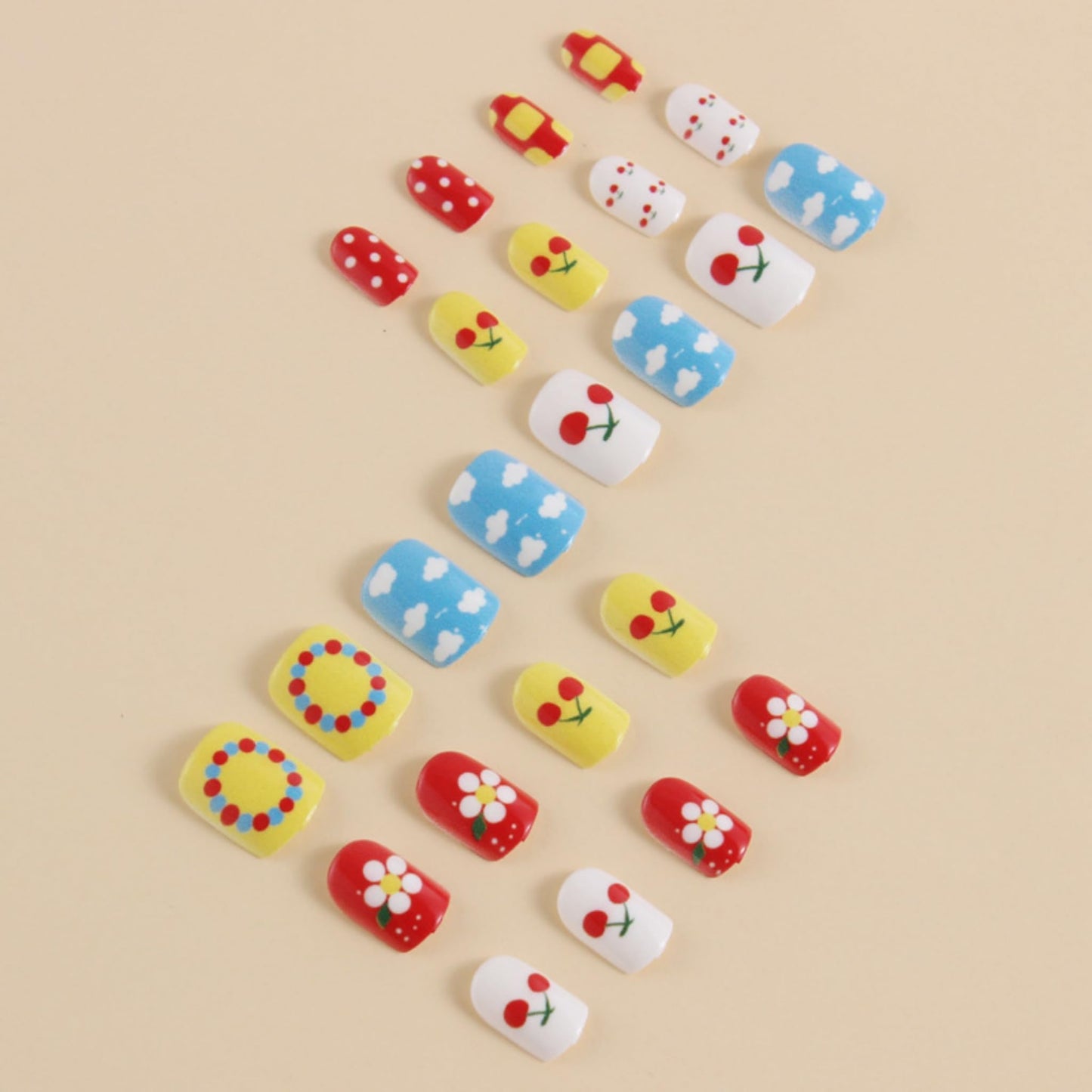 Short Press on Nails Almond Fake Nails Red Artificial Nail Multicolor Spring Cute Stick on Nail for Women 24pcs