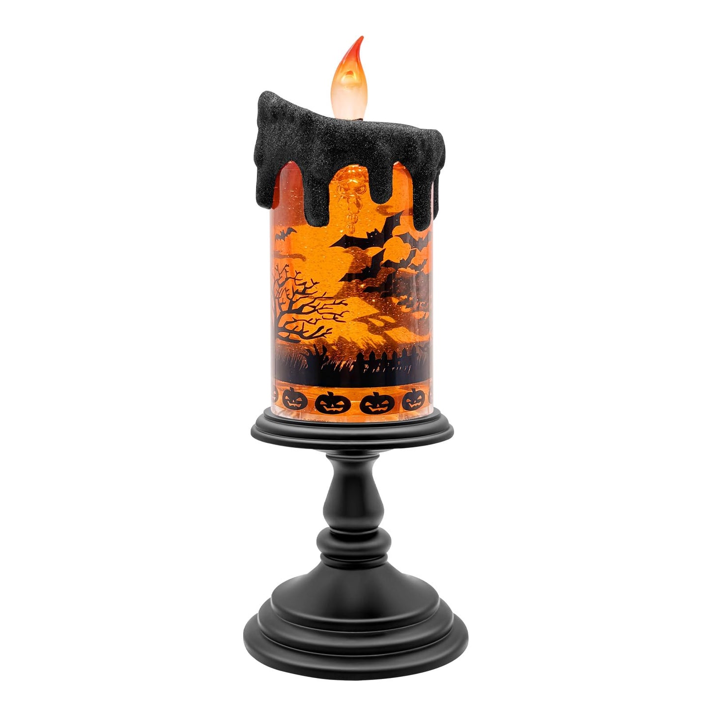 Halloween Snow Globe Flameless Candle – Lighted Halloween Glitter Lantern with Spinning Water and Timer, Pumpkin & Bat Scene Halloween Decor for Home, Party, Table Centerpiece