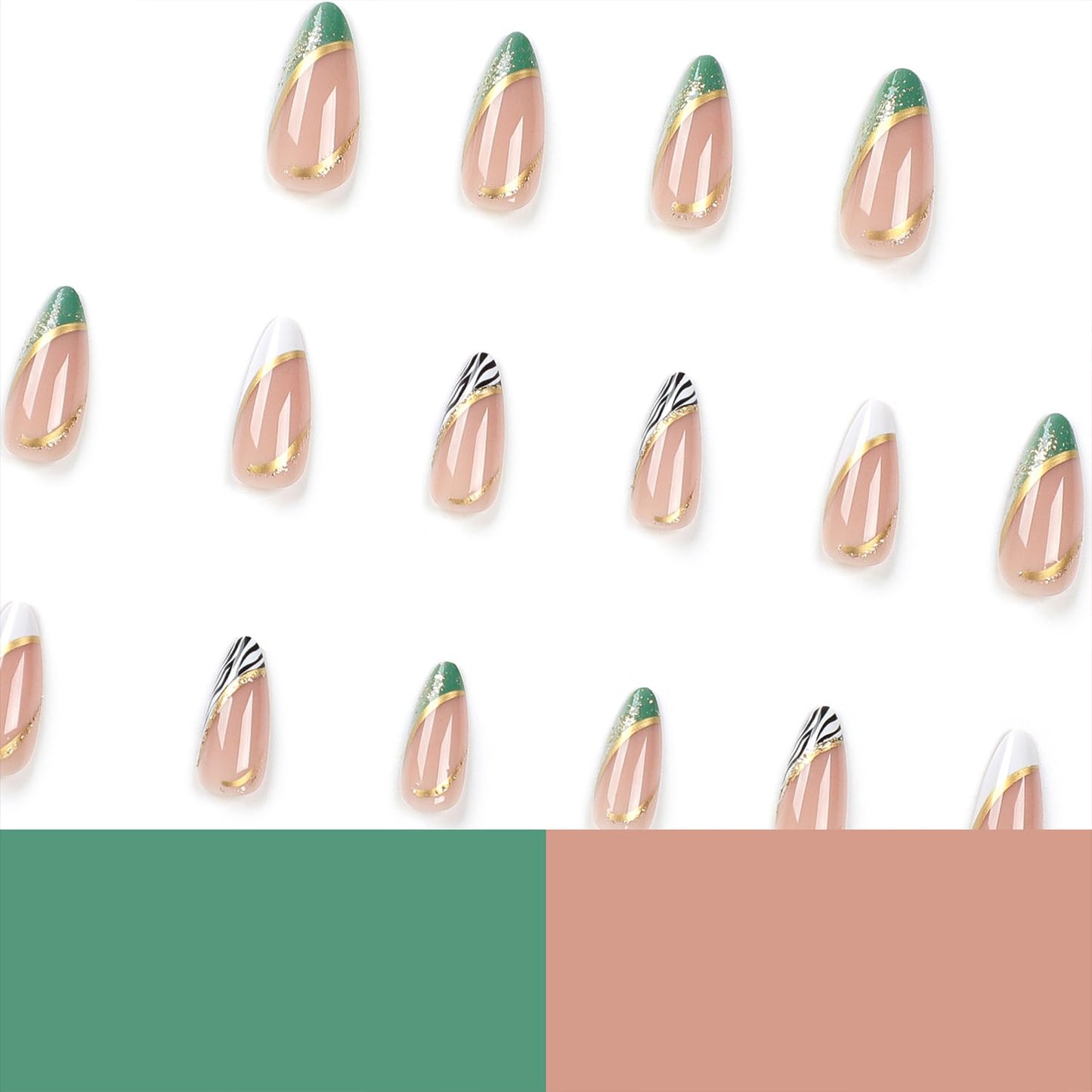 French Tip Press on Nails Medium Almond Fake Nails Nude Full Cover False Nails With Gold Line Glitter Designs Nail Tip Green White Zebra Print Stick on Nails Acrylic Artificial Nails for Women 24Pcs