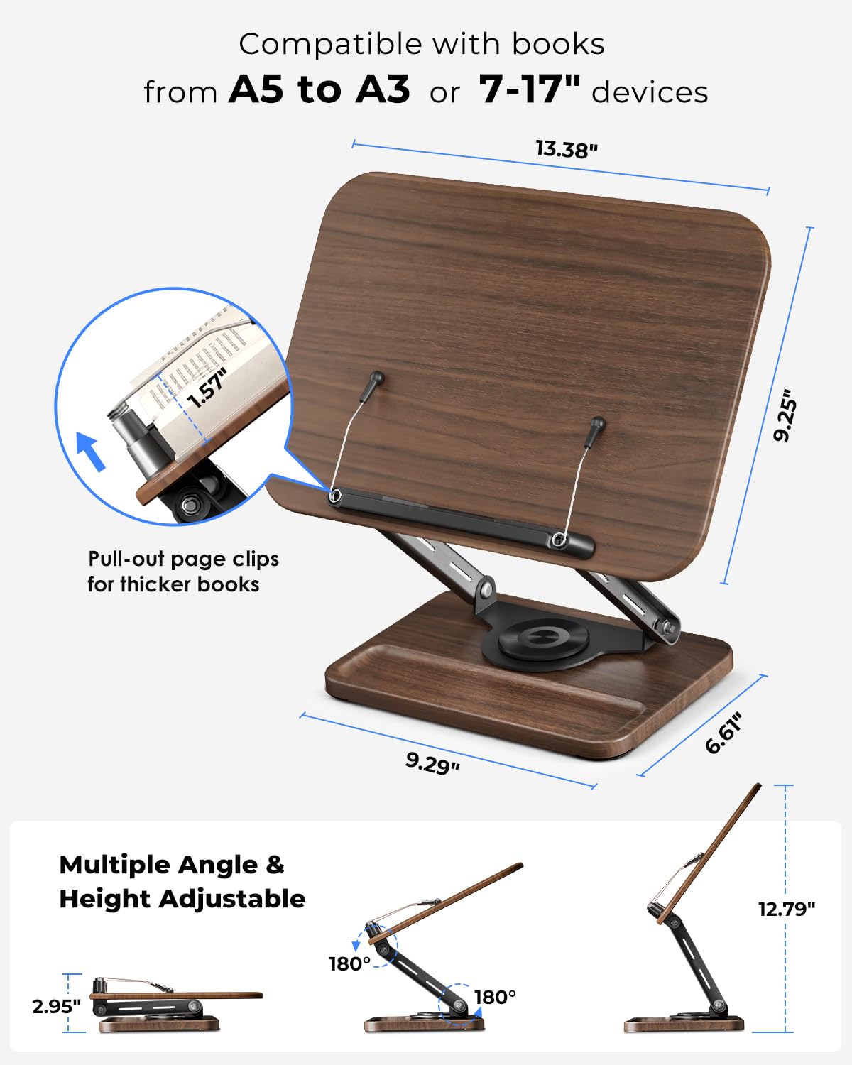 Viozon Book Stand for Reading, Book Holder 360° Rotating Base with Pen Slot, Foldable Reading Display Stand with Elastic Page Clips for Cookbook, Recipe, Textbook, Tablet, Laptop