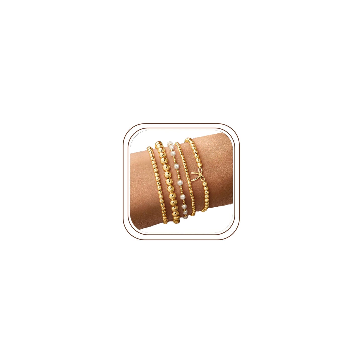 Yoosteel 14K Gold Plated Beaded Bracelet Set for Women, Dainty Bow & Pearl Stackable Stretch Bracelets, 5 Pcs Jewelry Gift