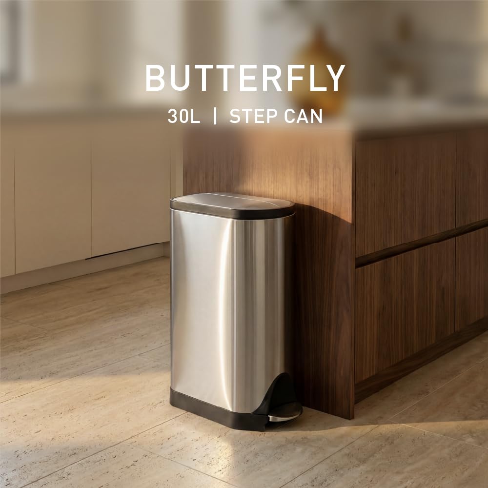 simplehuman 30 Liter / 8 Gallon Butterfly Lid Kitchen Step Trash Can, Brushed Stainless Steel