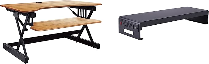 Rocelco 40" Large Height Adjustable Standing Desk Converter with Dual Monitor Stand BUNDLE - Quick Sit Stand Up Computer Workstation Riser - Retractable Keyboard Tray - Teak (R DADRT-40-DMS)