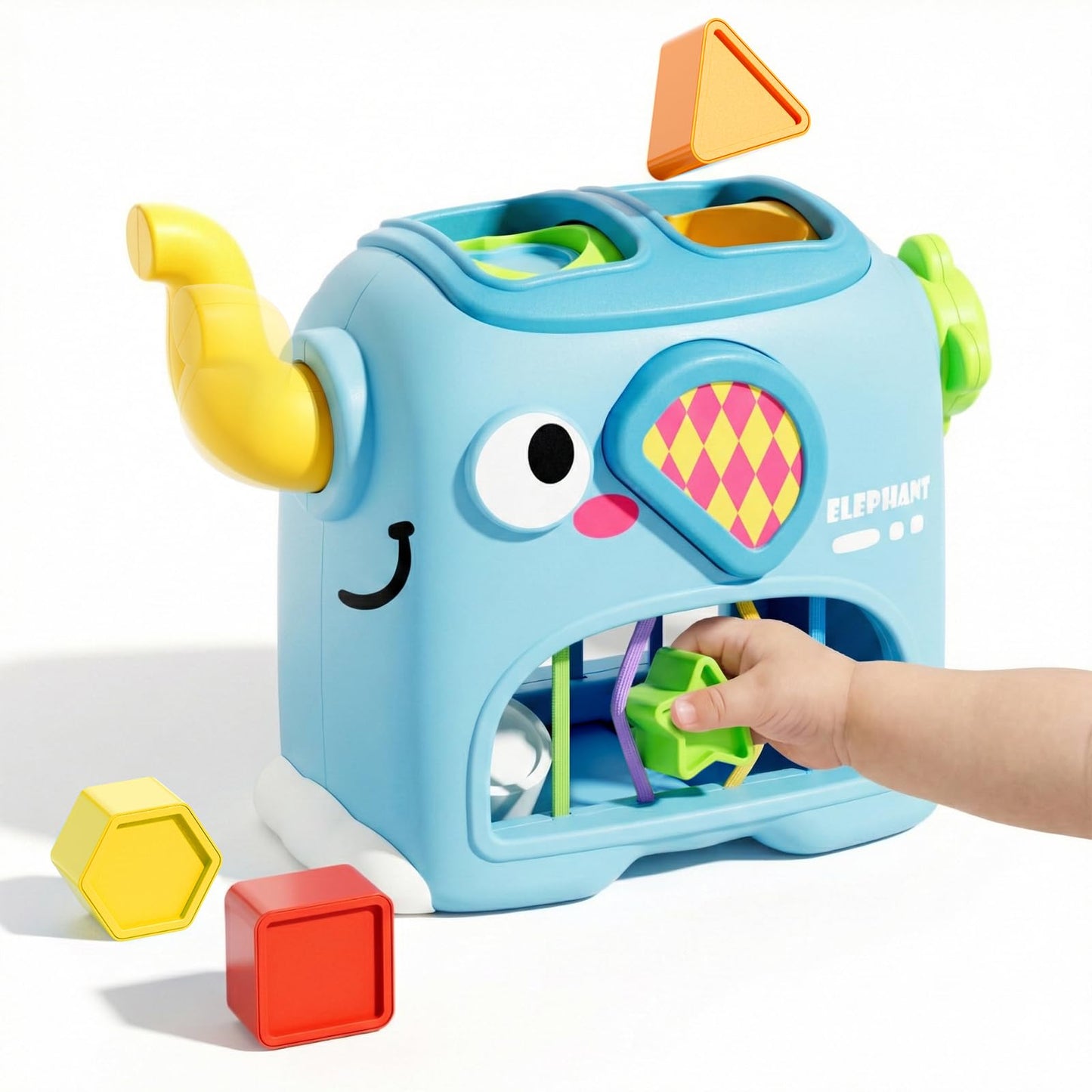 SOCBTNSO Elephant Interactive Shape Sorter Toys for 18 Months+, Montessori Matching & Sorting Toys with 6 Sensory Shape Blocks, Developmental Infant Birthday Gifts for Learning Toddler