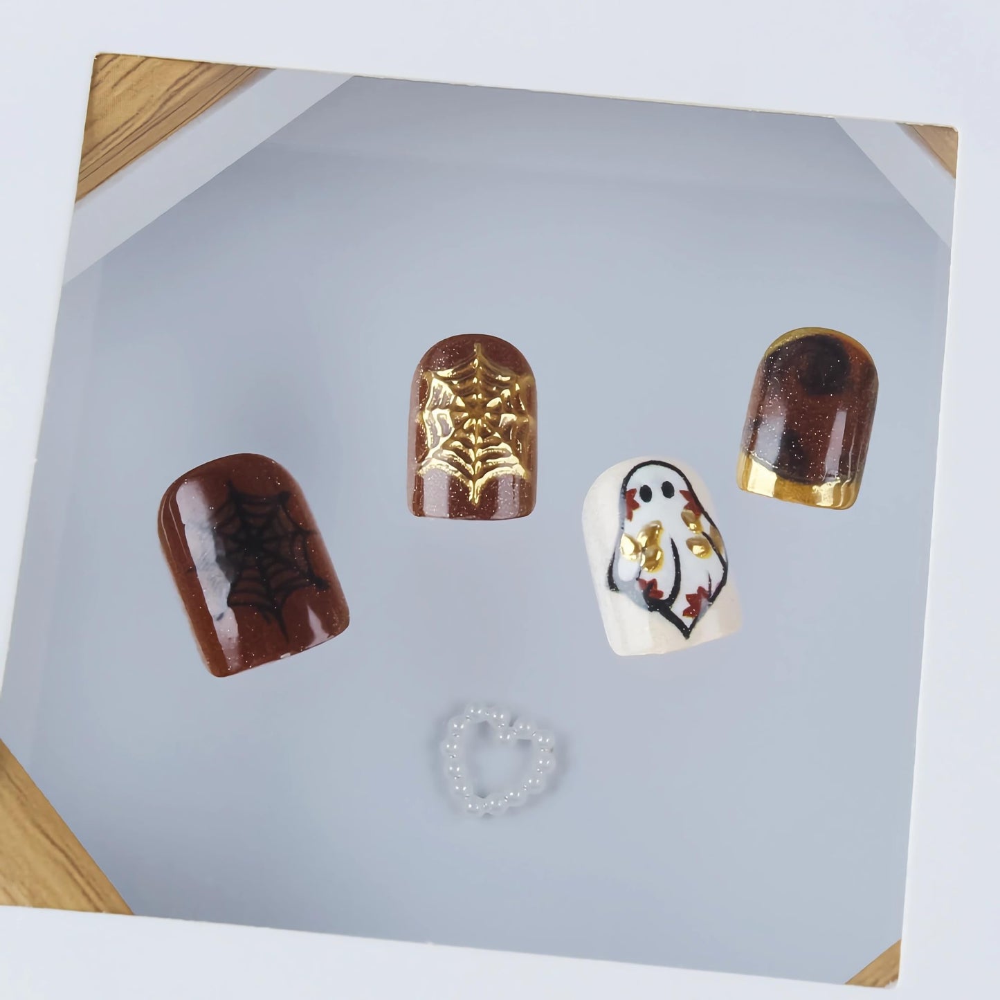 BABALAL Brown Press on Short Artificial Nails 24pcs Acrylic French Tip, Gold Chrome, Fall Tortoise, Horror Ghost Halloween, Square, Spider Web, Gothic, Squoval, Manicure Full Cover