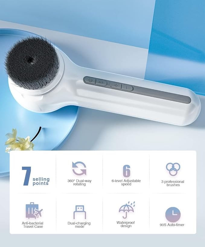 TOUCHBeauty 3IN1 Facial Brush Set with Travel Case, Wall-Mounted Charging Base, ±360° Spin PBT & Silicone & Bamboo Charcoal Brush for Deeply Cleansing Massager and Exfoliating TB-1766A
