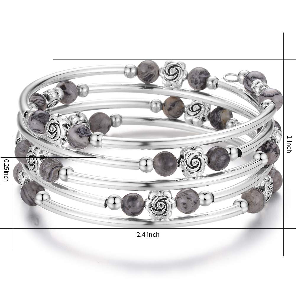BULINLIN Wrap Bangle Rose Bead Bracelet - Beaded Bracelet with Natural Agate Stone Gifts For Women(01-Grey)