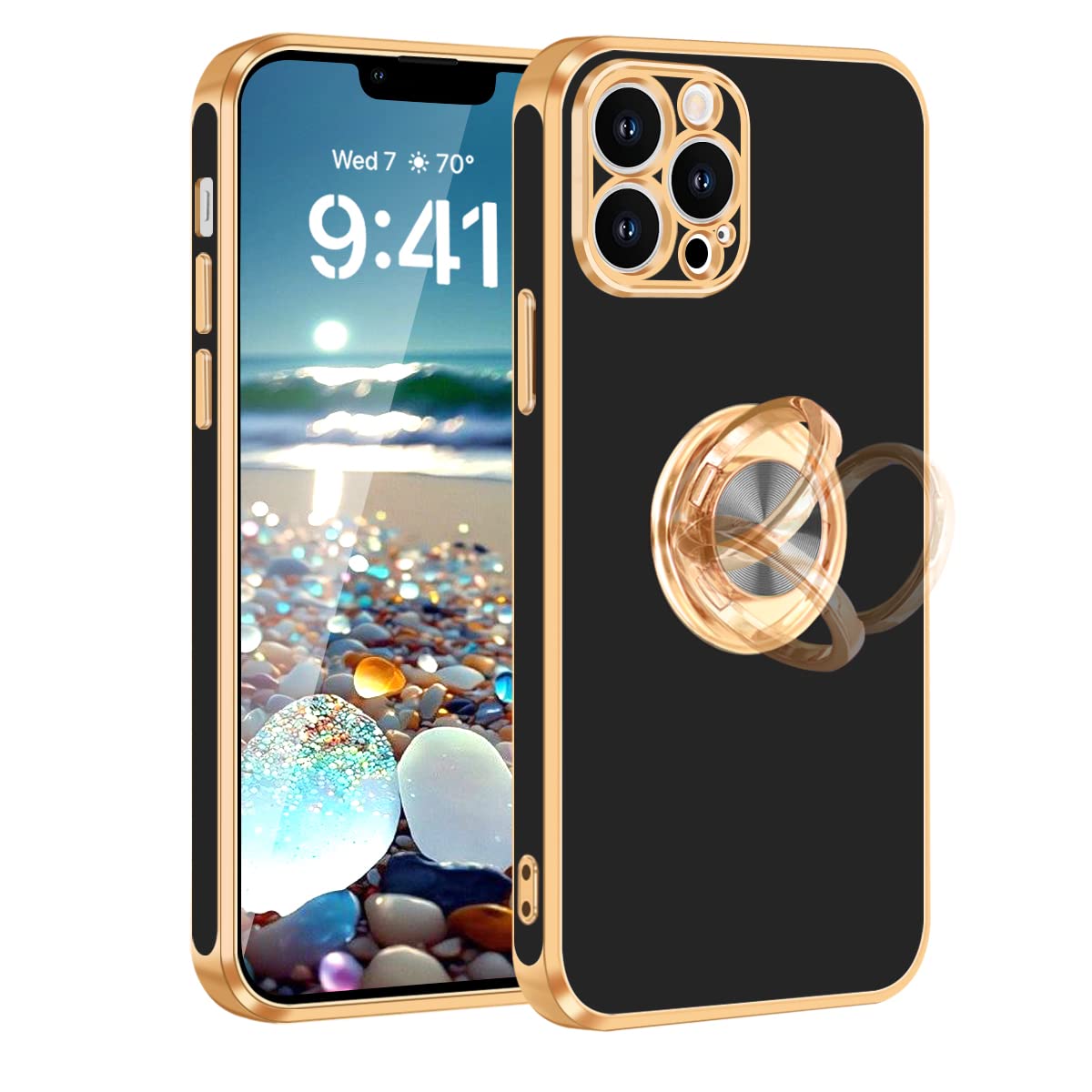 Fingic iPhone 13 Pro Max Case with Ring Stand, 360 Rotatable Magnetic Kickstand, Slim Fit Soft TPU, Black/Gold