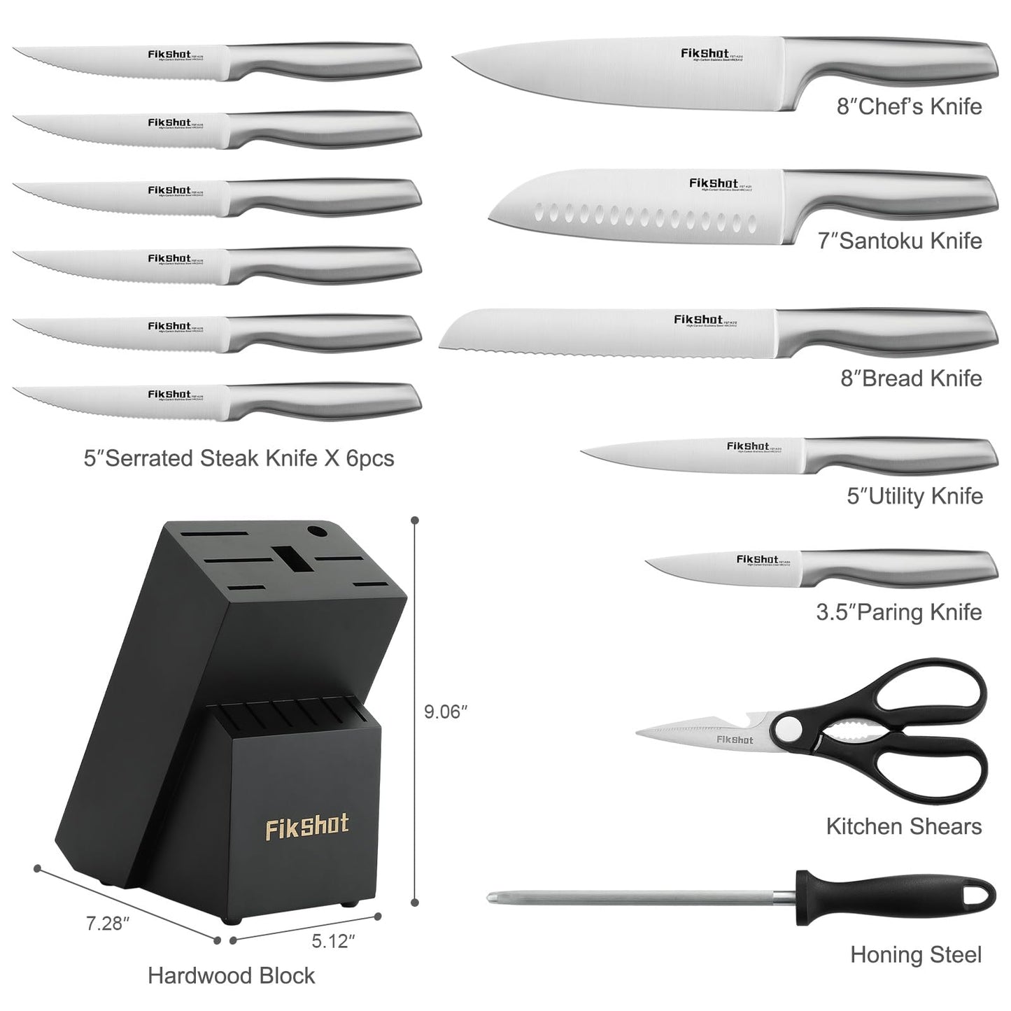 FIKSHOT Kitchen Knife Set, German Stainless Steel kitchen knives – Includes Knife Block Set & Sharpener, High Carbon, Rust-Resistant, Ergonomic Handle for Cooking, Grilling & Gifting