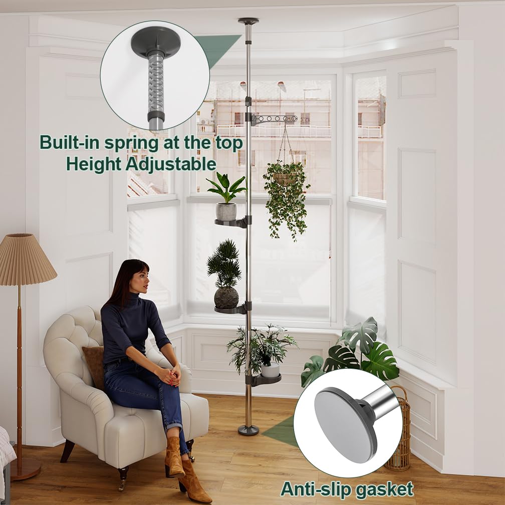 Hershii Indoor Plant Stand Pole Tension Rod Corner Standing Shelf Adjustable Flower Pots Holder Display Rack with 1 Hook & 3 Trays - Grey