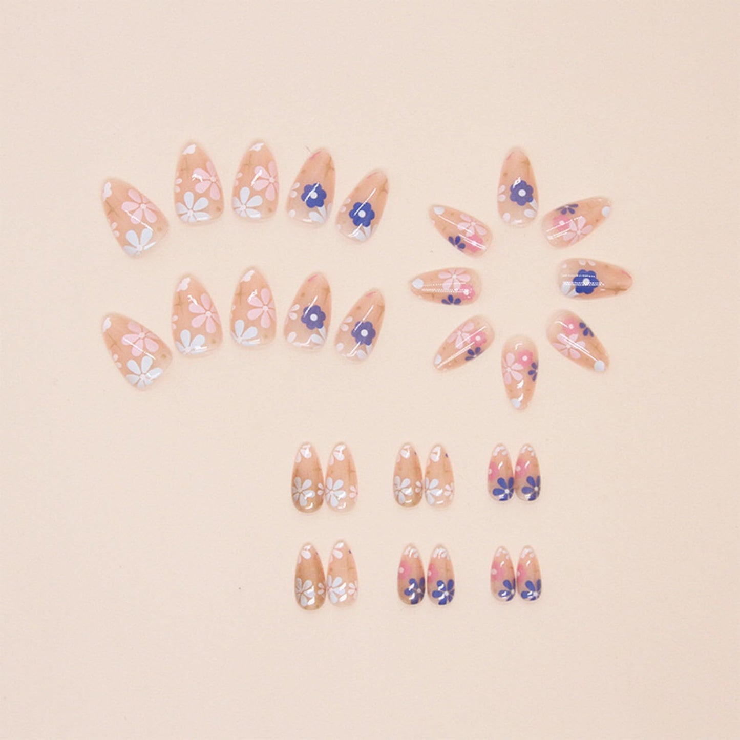 Flower Press on Nails Medium Almond Fake Nails Pink False Nails Press ons with Design Floral Glue on Nails Glossy Full Cover Acrylic Stick on Nail for Women Manicure 24Pcs