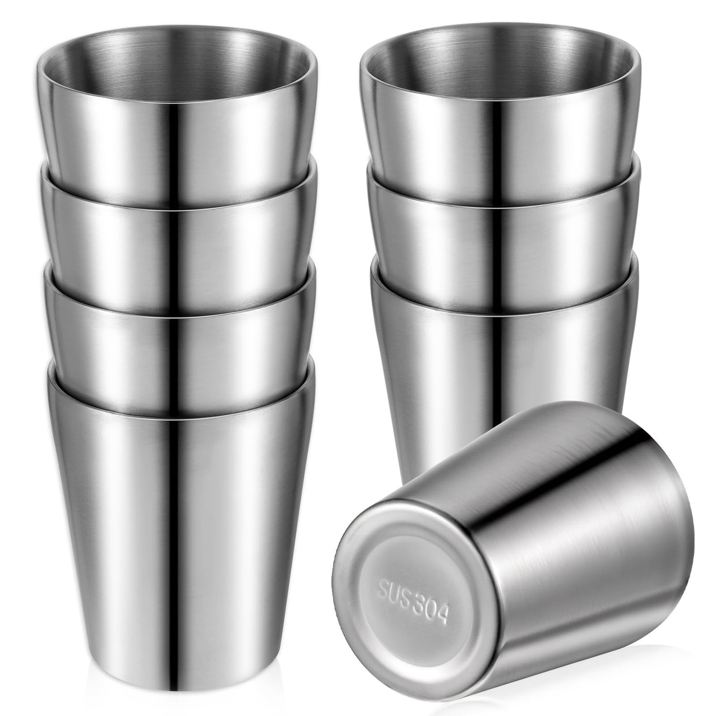 Oqqlin 8 Pcs 10 Oz Stainless Steel Cups, Metal Double Wall Vacuum Tumbler Silver Stackable Unbreakable Drinking Glasses for Party, Camping, Home, BBQ