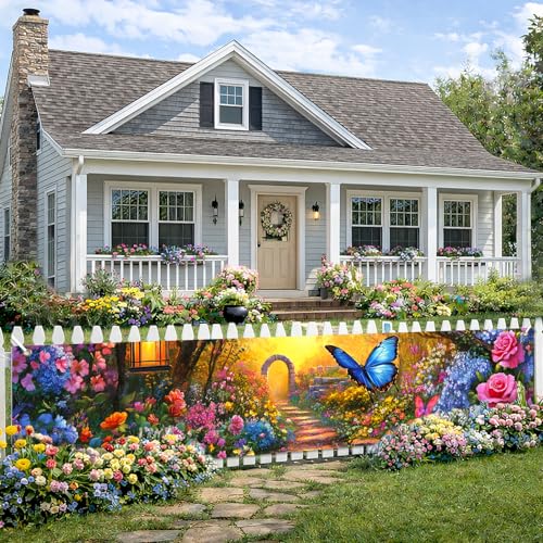 BlissYard Spring Floral Garden Banner 78x17 Inches Butterfly Garden Path Banner Front Door Patio Fence Wall Photo Backdrop Spring Summer Outdoor Party Decoration Seasonal Garden Sign Backdrop - color: Spring Decorations Banner #003, size: 78 x 17 Inch