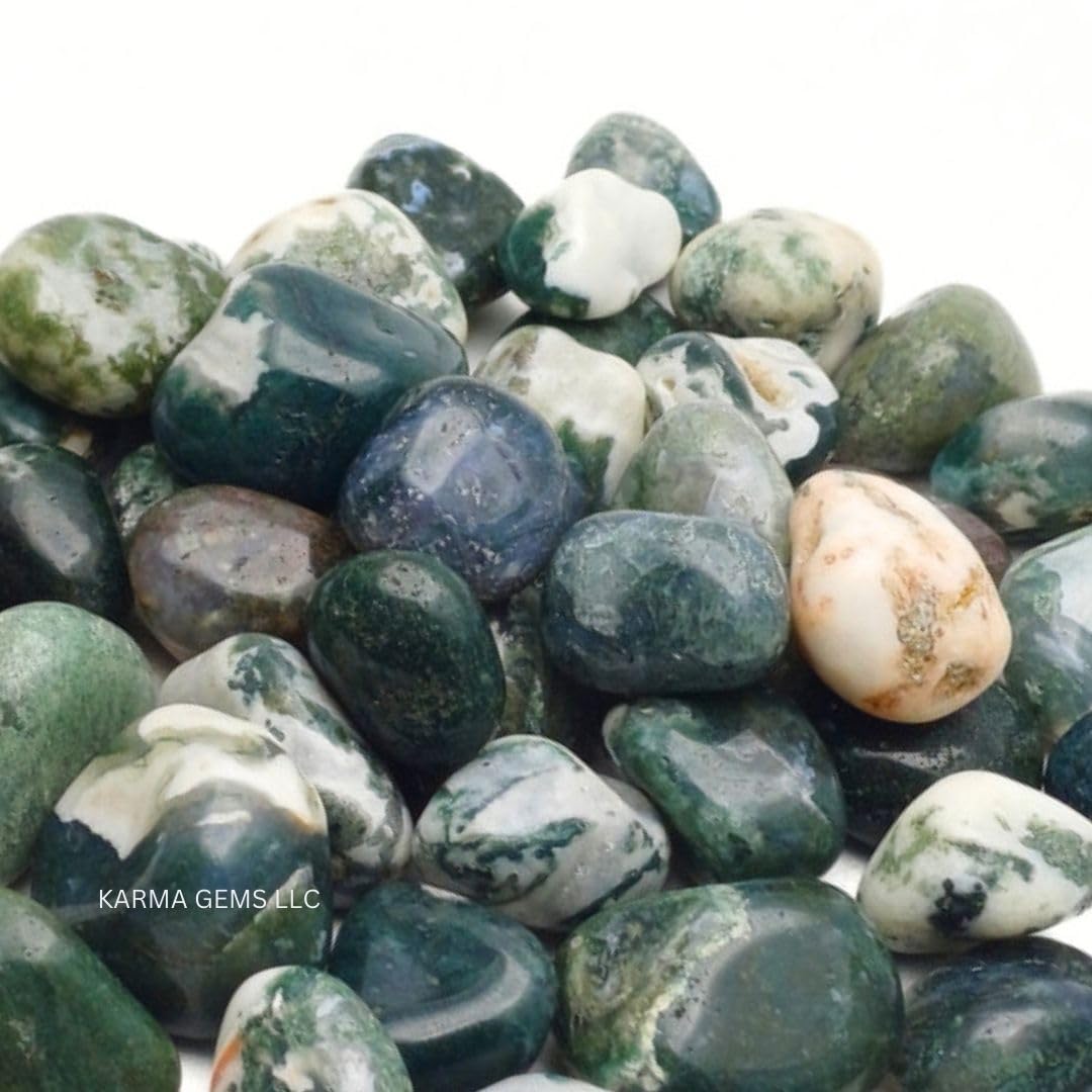 Karma Gems 1lb Moss Agate Tumbled Stones - Polished Stones for Positive Energy - Crystal Kit for Fresh Mind & Restful Sleep - Healing stone for Chakra Balancing -Ideal for Gift & Home Decor (15-25 Mm)