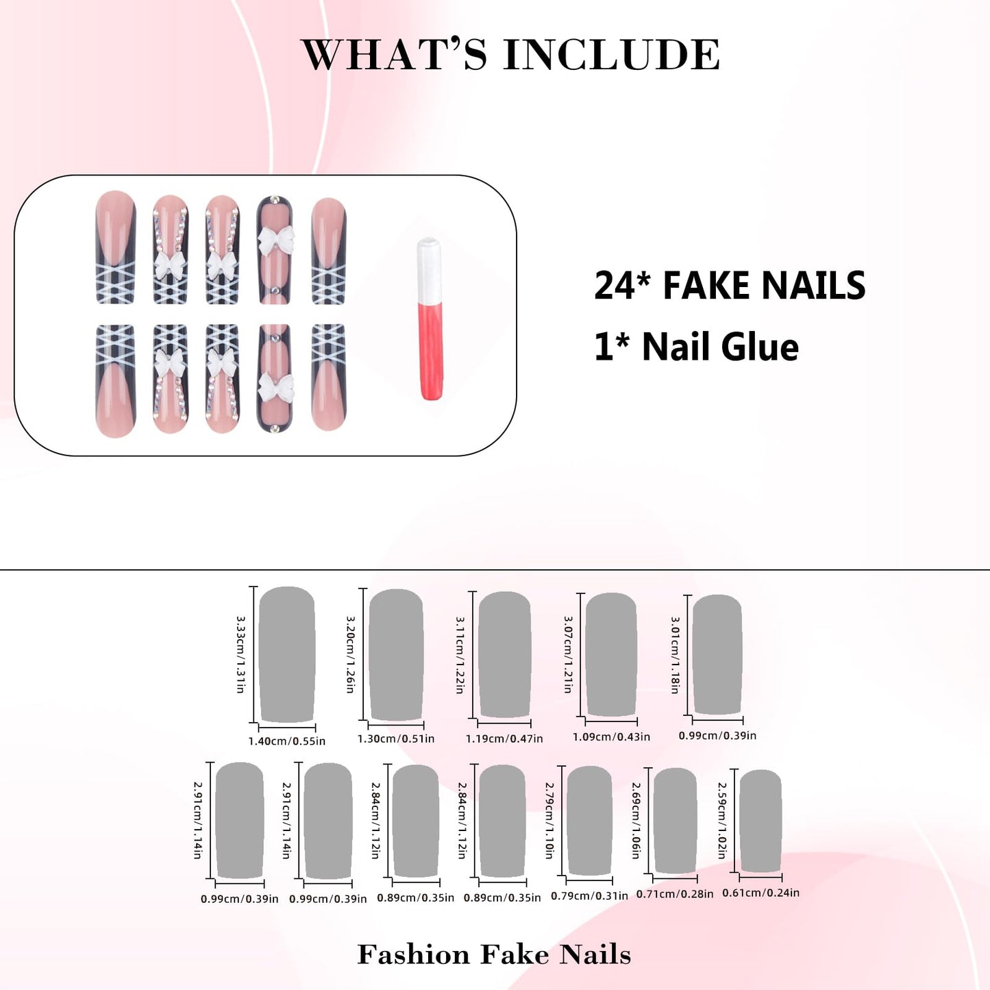 IMRAIN Press on Nails Long Square Fake Nails Artificial Acrylic False Nails - Black, Pink, Bow, French Tip, Glossy, Rhinestone, Full Cover Glue on Nails