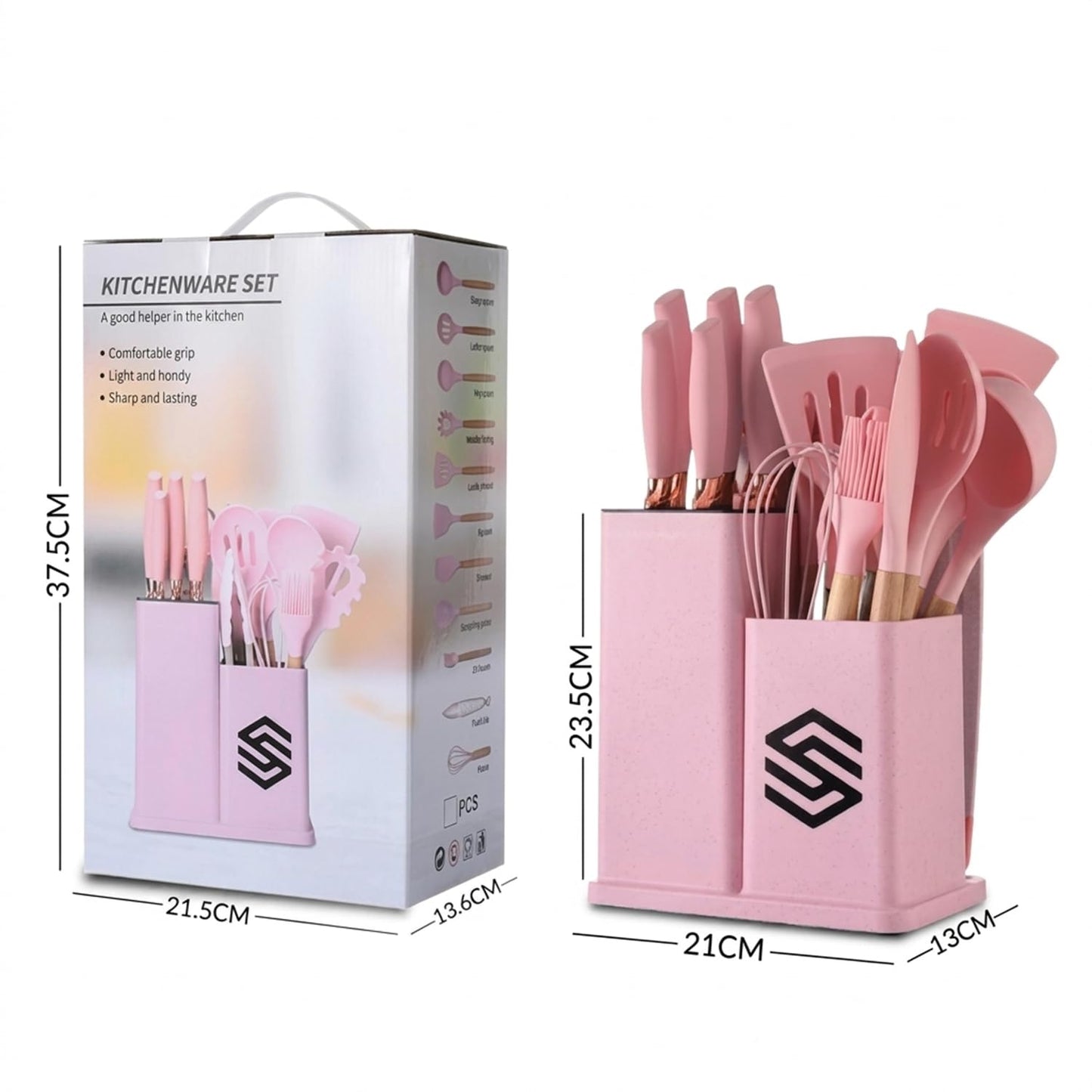19 PCS Pink Silicone Cooking Utensils Set with Wooden Handle & Knife Set Block, Heat-Resistant Spatula, Spoon, Ladle, Whisk with Holder – BPA Free, Silicone Kitchen Utensil Set for Cooking & Baking