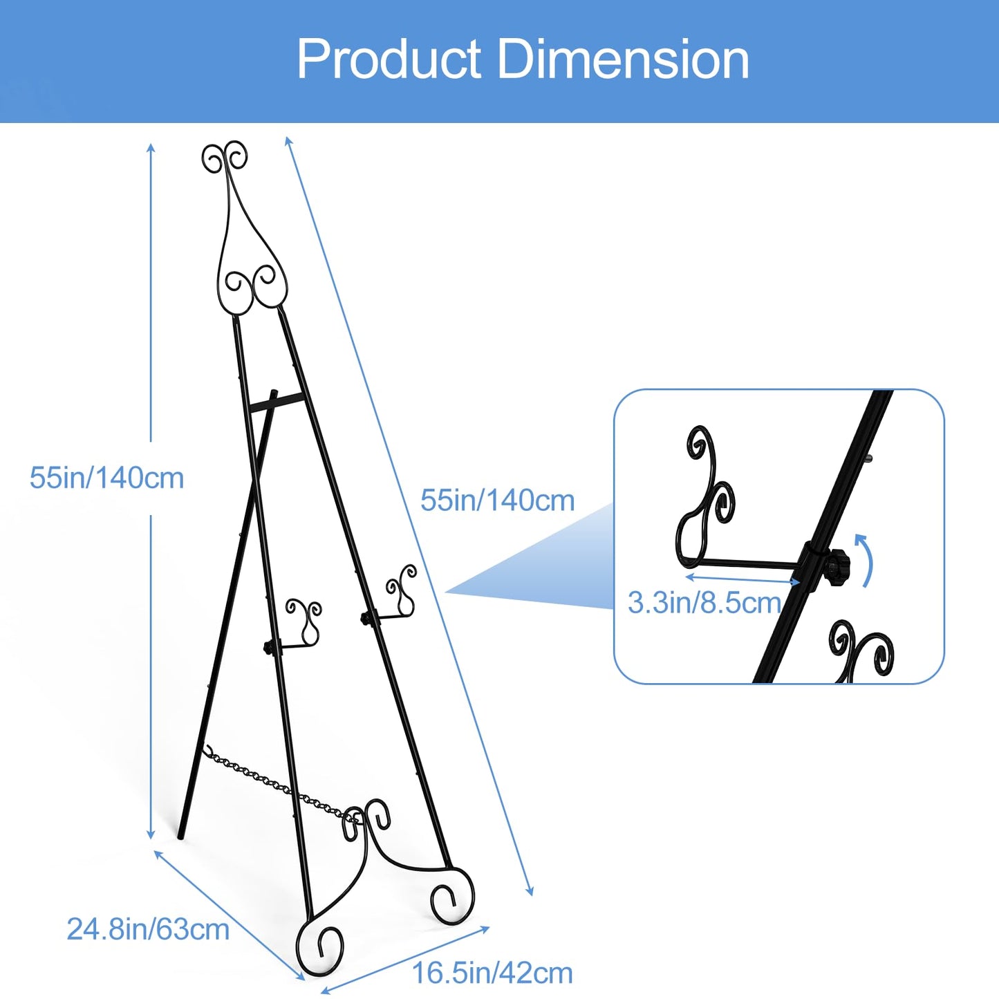 1 PC Black Easel Stand for Sign, Metal Sign Holder, Adjustable Wedding Sign Stand with Chain Support, Sign Holder for Display, Party Painting.