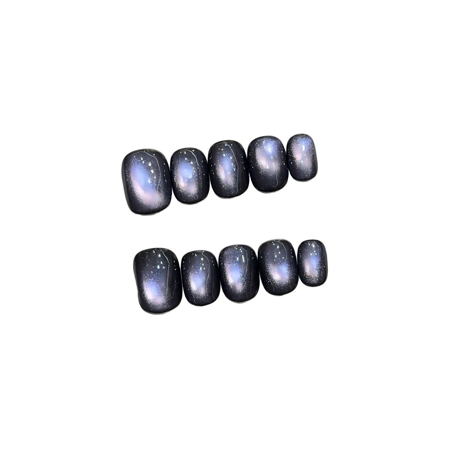 Black Galaxy Cat Eye Press On Nails, Short Squoval Shape, Starry Sky Glitter False Nails for Evening Wear (S)