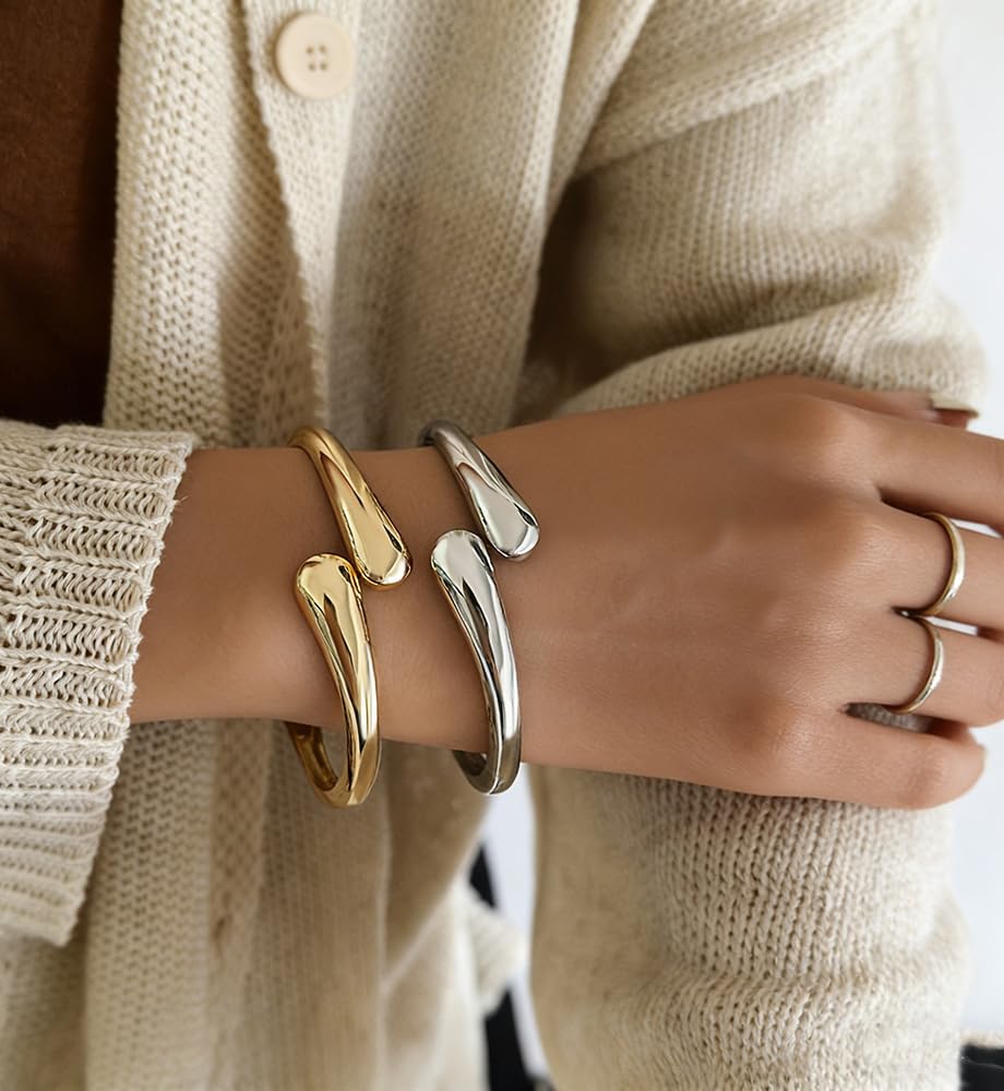 Chunky Gold Bangle Bracelets for Women, Dainty 14k Gold Plated Silver Stackable Bangles Set, Trendy Statement Cuff Bracelet Stack Trendy Jewelry Gifts