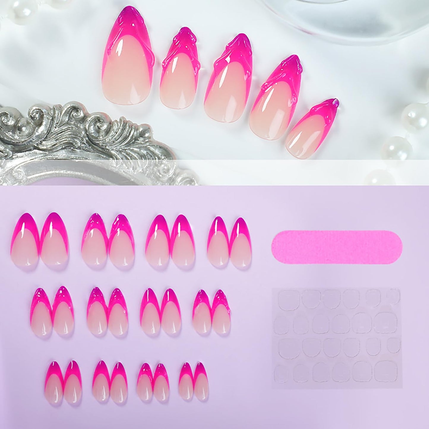 24 Pcs Almond Press on Nails Medium Fake Nails Kit Pink French Tip False Nails with 3D Design Almond Nail Tips Acrylic Nails Press ons Glossy Holiday Glue on Nails Reusable Stick on Nails for Women