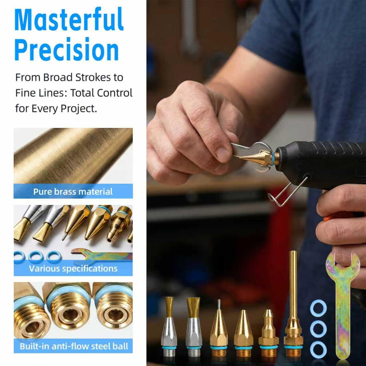Premium 6-Piece Copper Hot Glue Gun Nozzle Set with Wrench and O-Rings - Includes 2 Flat Nozzles, Interchangeable Heat Gun Attachments for Precision Crafting and DIY Repairs
