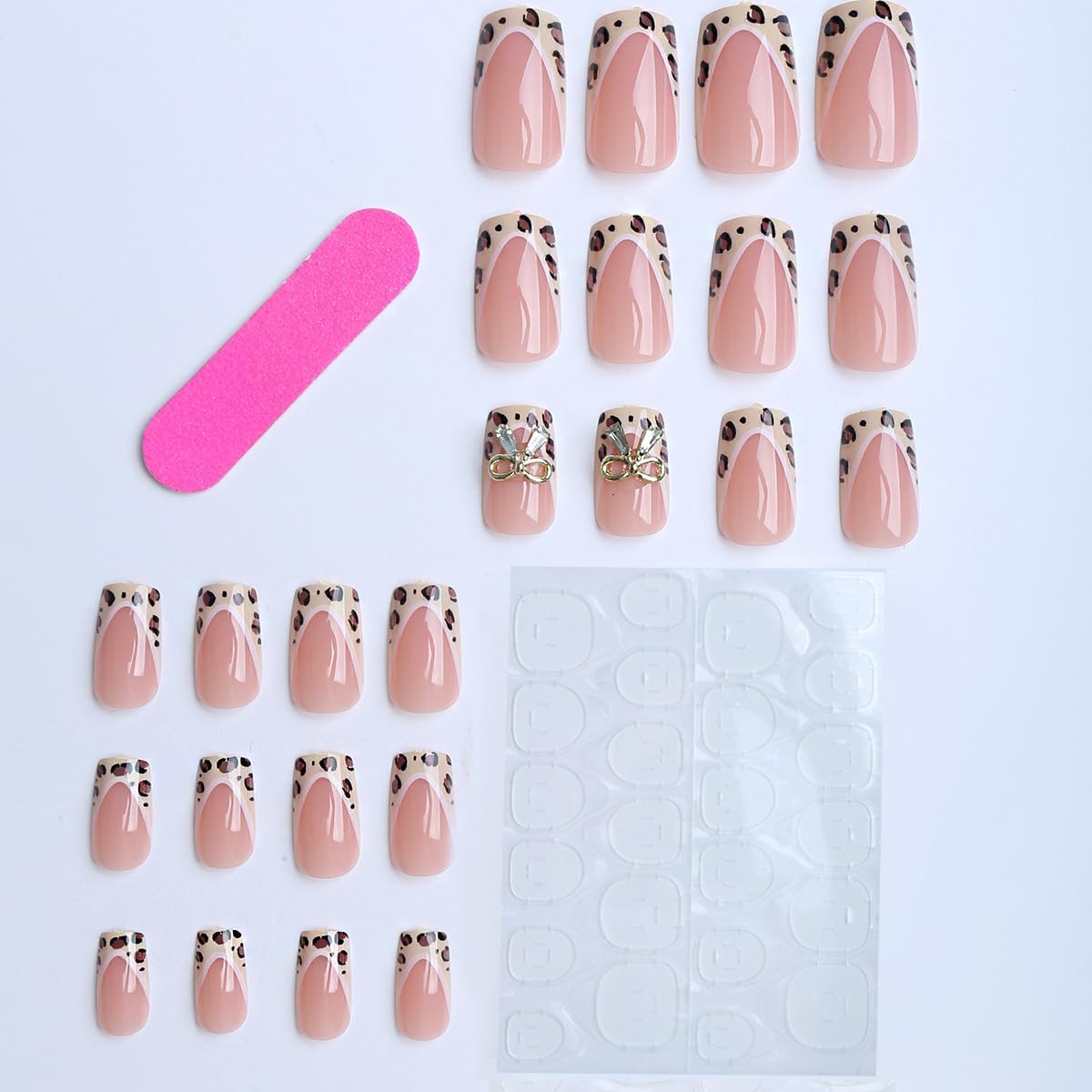 plalely Square Press on Nails Medium Nude Fake Nail Leopard Acrylic Nail Press ons Bow Stick on Nail for Women 24pcs