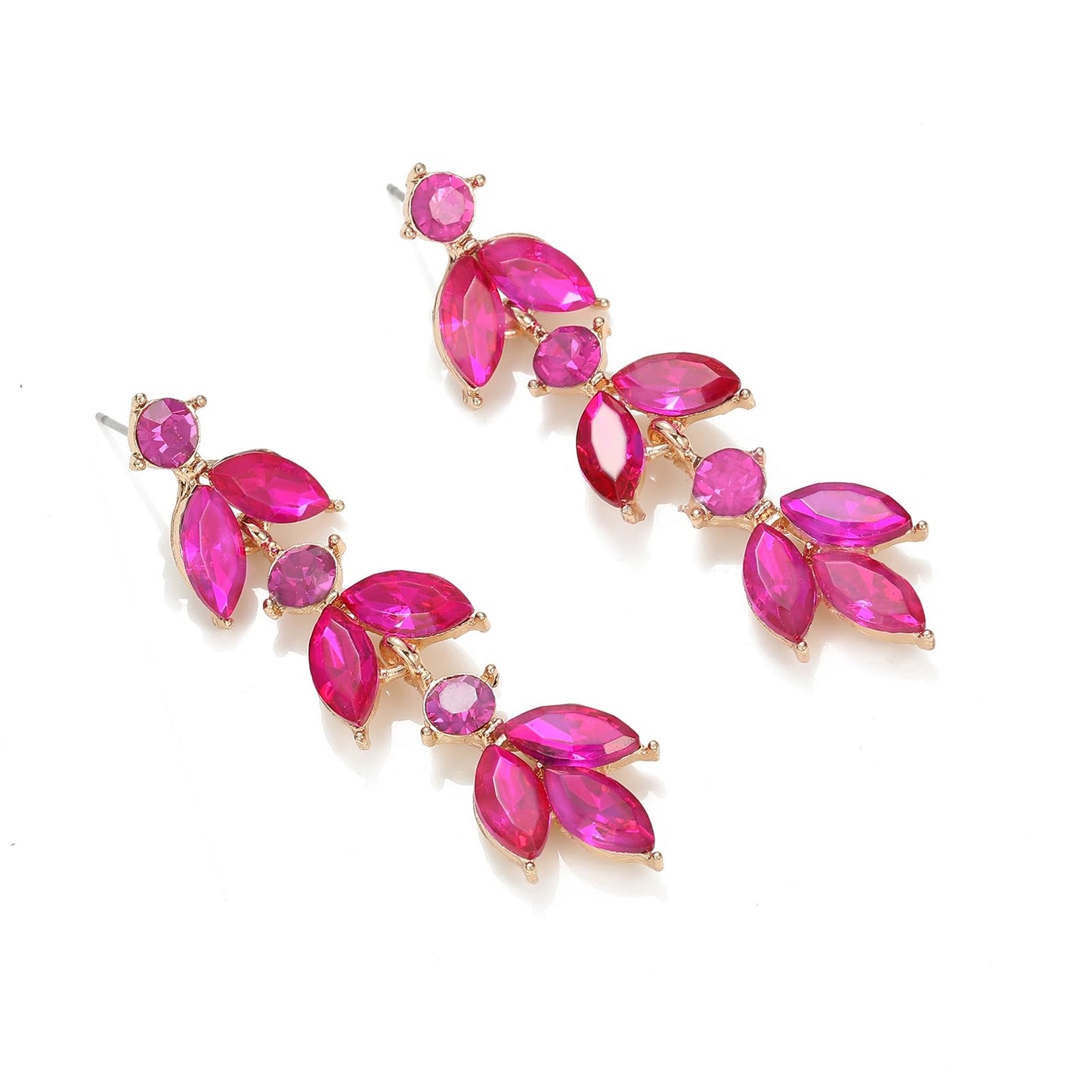GAOKOXI Hot Pink Wedding Rhinestone Dangle Earrings Elegant Bridal Crystal Drop Earrings for Women Bridesmaids Guest Party Valentine's Day