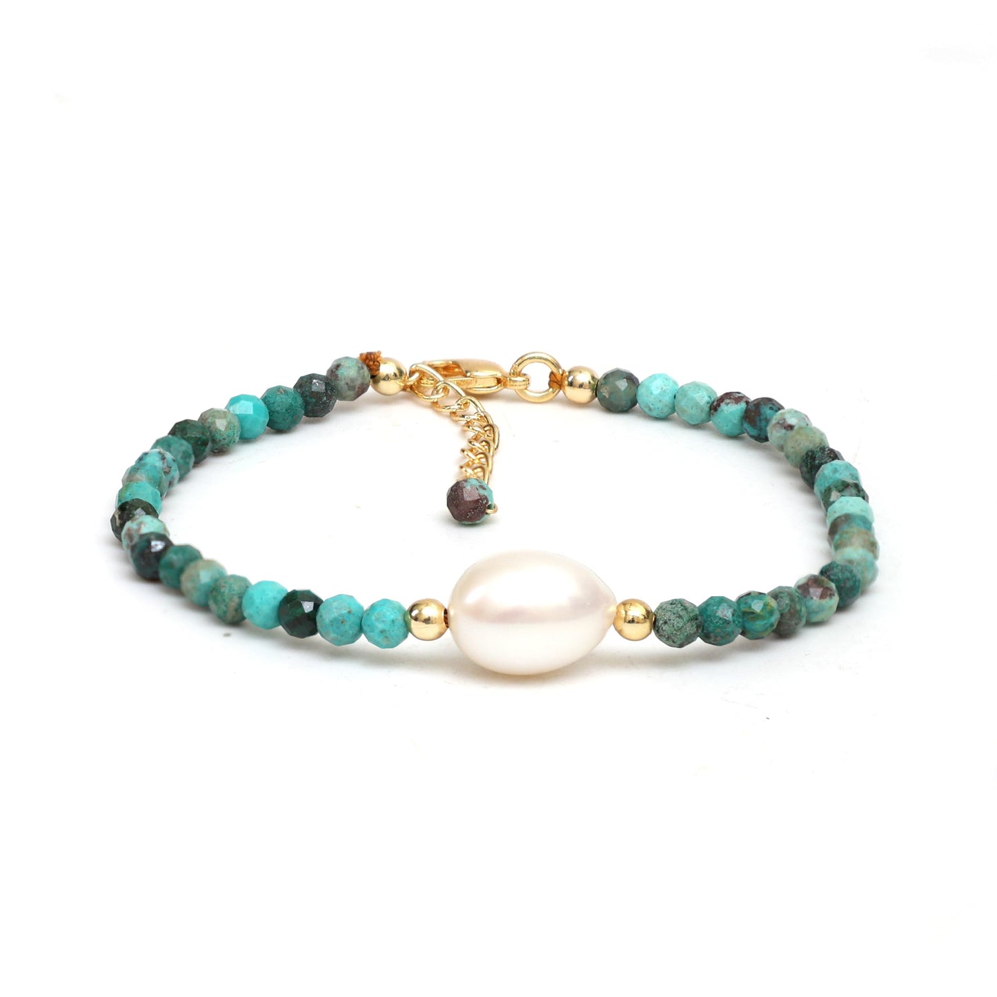 Gempires Chrysocolla Beads with Freshwater Pearl Beaded Bracelet Lightweight Handmade Jewelry Hypoallergenic Gold Plated 7.5 Inch Adjustable Chain