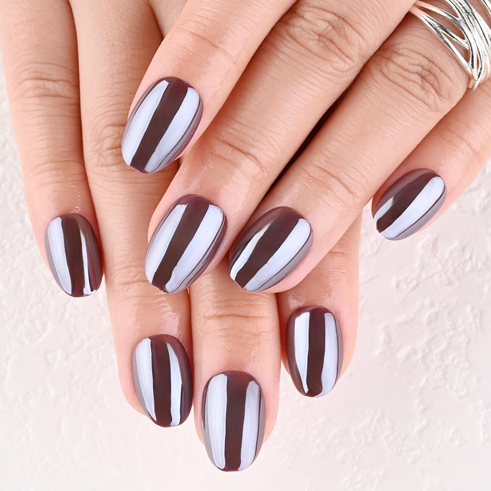 evpct Dark Brown Glazed Press on Nails Short Oval, Extra Short Chrome Metallic Aurora Stick on Nail for Women, Reusable Full Cover Soft Press on Fake Nail Perfectly Fit