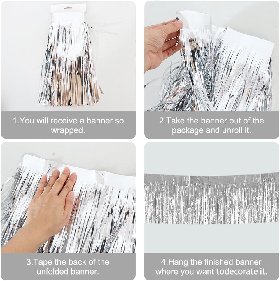 BEISHIDA 3 Packs 30 Feet Metallic Foil Fringe Garland Tinsel Streamers，Shiny Silver Wall Hanging Tinsel Fringe Banners for Wedding Birthday Party Decoration Halloween Christmas New Year