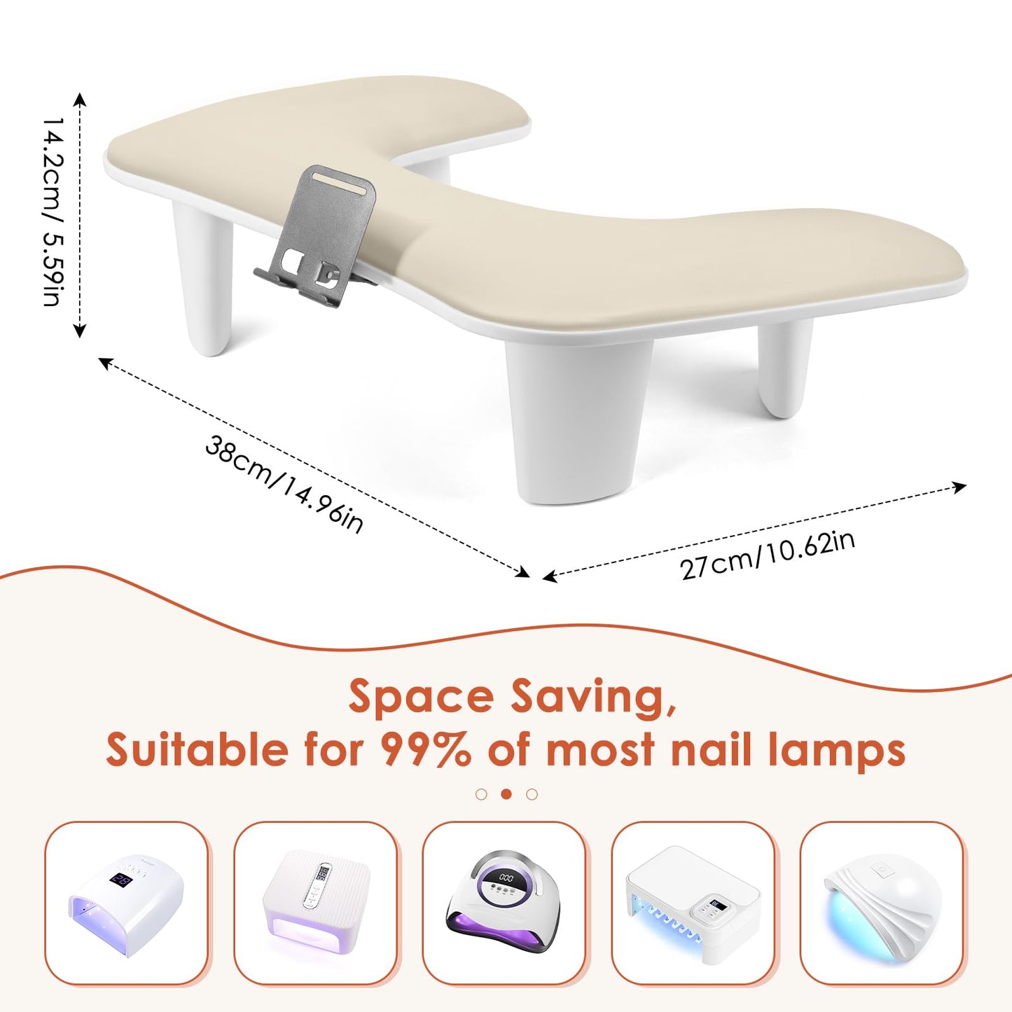 LIONVISON Arm Rest for Nails Tech: U Shaped Ergonomic Nail Hand Rest Stand PU Leather with Rotating Phone Holder for Nail Salon Manicurist (Beige)