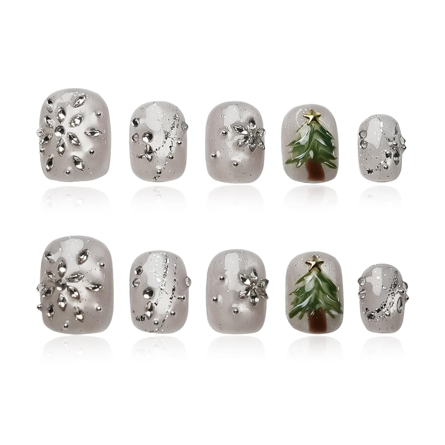 Tesytto Winter Bling Press on Nails Short Coffin Handmade Fake Nails with 3D Snowflake Gems Design, Silver Glitter Artificial Nails Tree Light Design Reusable Stick on Nails (Winter Snow Scene, M)