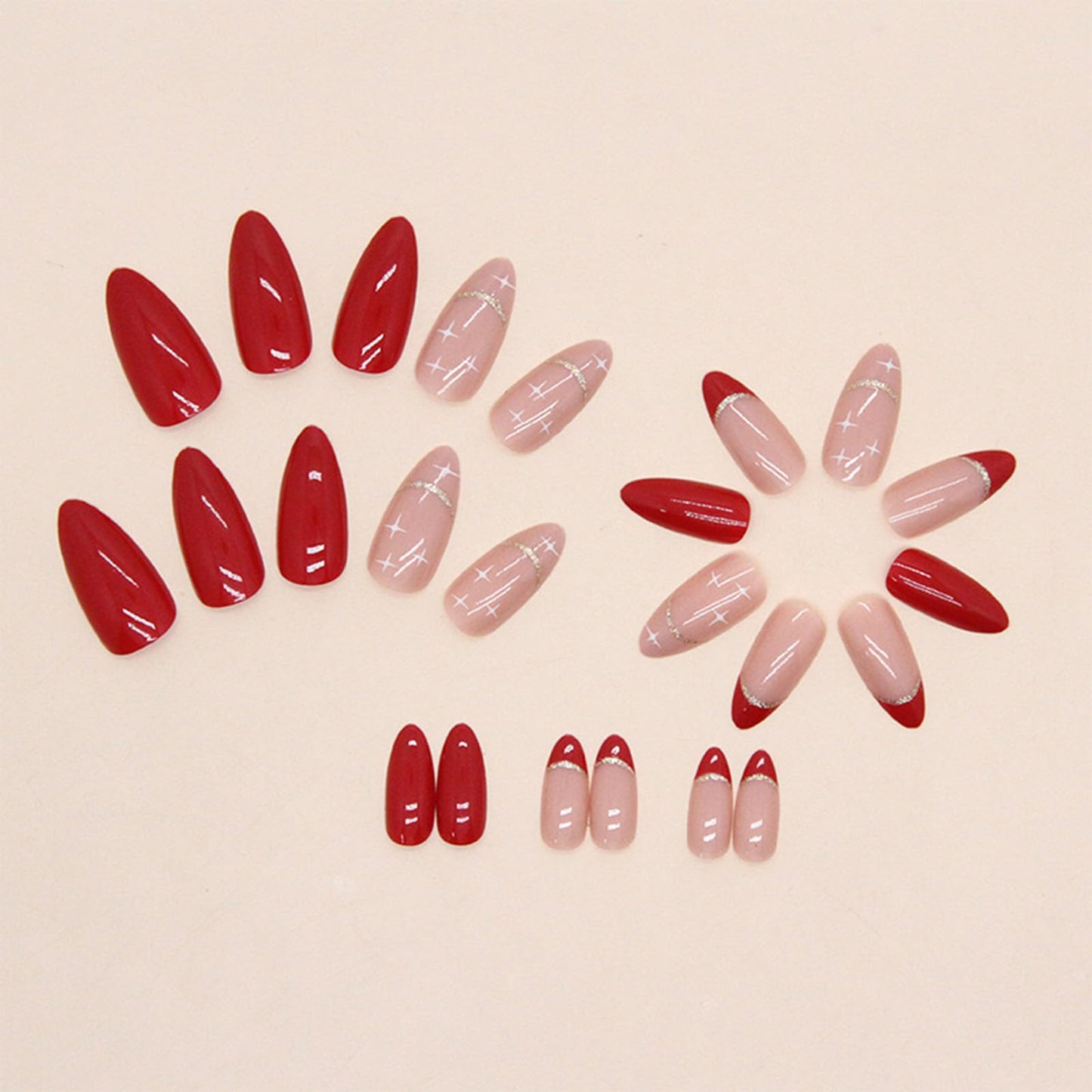 FJSMTOPl Red Press on Nails - Medium Almond Fake Nails - French Tip False Nails Press ons - Christmas Glossy Full Cover Glue on Nails - Acrylic Artificial Stick on Nail for Women Manicure 24Pcs