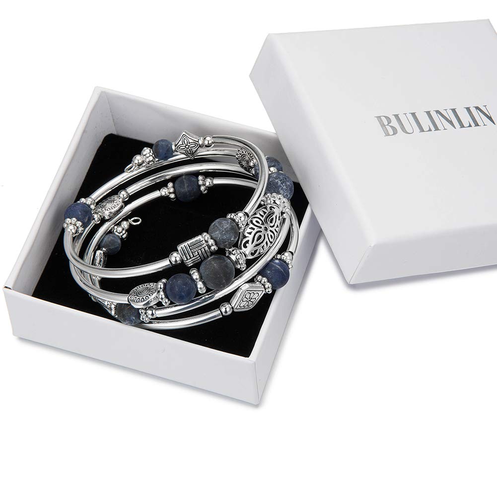 BULINLIN Layered Wrap Bangle Turquoise Bracelet - Bead Bracelet with Natural Agate Stone, Gifts For Women (04-Navy blue)