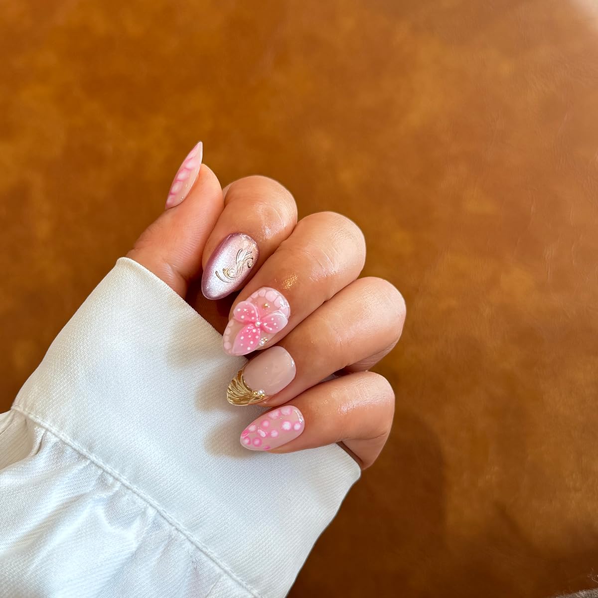 Handmade Press ons Nails Summer Pink 3D Flower Almond Shape Fake Nails with Gold Foil and Pearl Accents Reusable Glossy False Nails for Women M Size