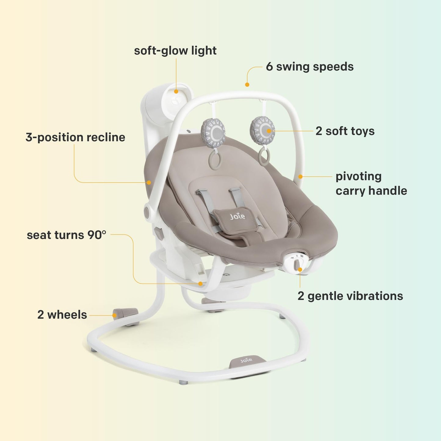 Joie Miso 2-in-1 Baby Swing & Rocker– Dual Motion Swing & Portable Rocker with 6 Speed Settings, Soothing Vibration, and 3 Recline Positions – Softglow Dimmable Light (Walnut)