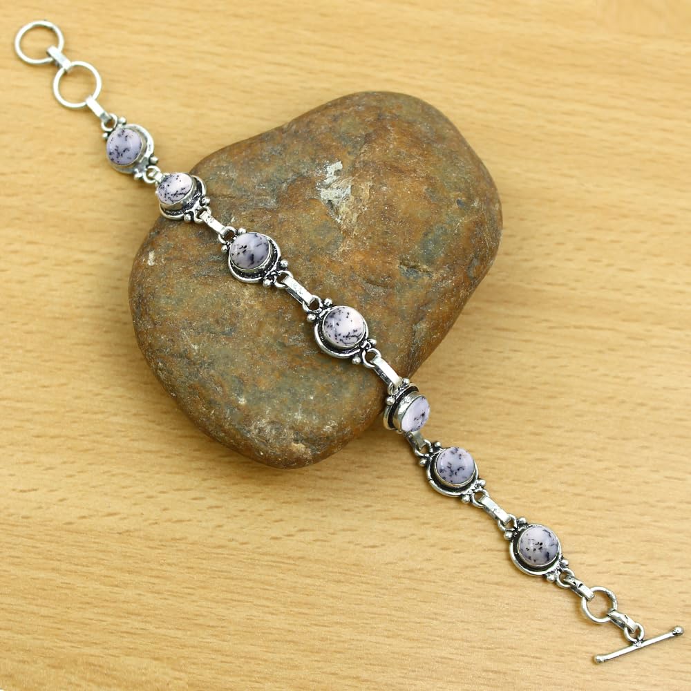 Natural Dendrite Opal 925 Silver Plated White Gemstone Bracelet for Women - October Birthstone Vintage Style Handmade Adjustable Bracelet - Mother's Day Gifts for Her