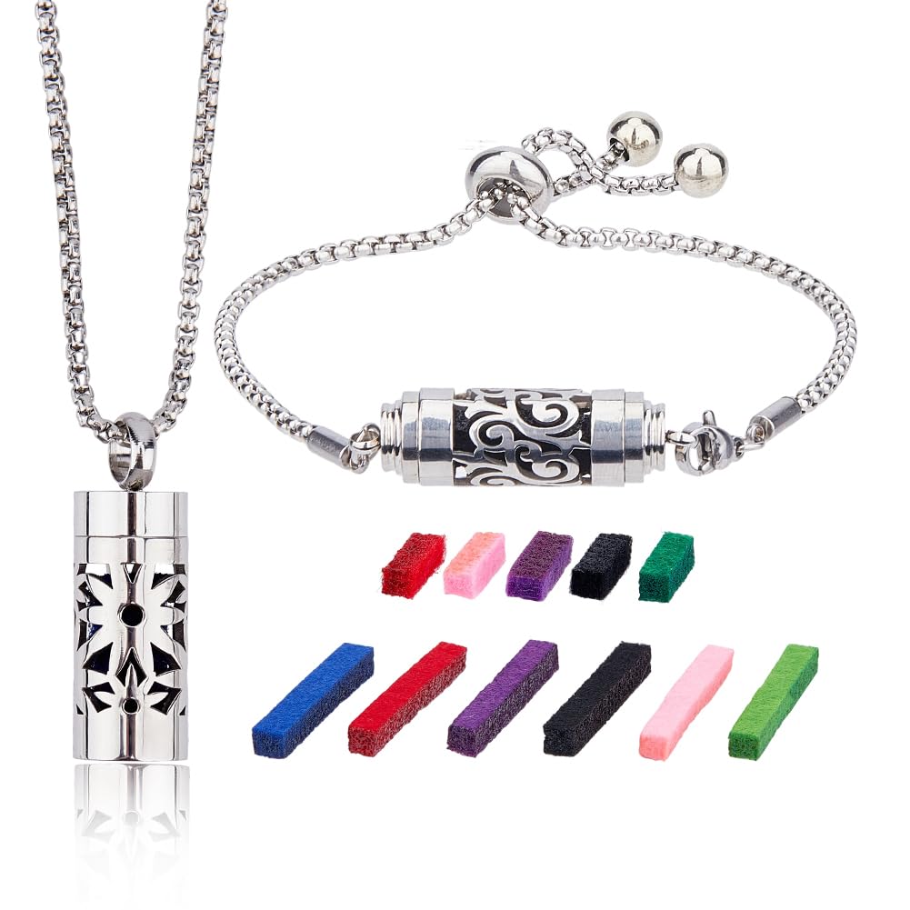 SUPERFINDINGS 2 Styles Essential Oil Diffuser Necklace Bracelet Stainless Steel Aromatherapy Locket Pendant Set with 20Pcs Felt Pads Changeable Perfume Pads Adjustable Diffuser Necklaces Gift Set